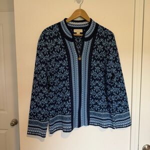 Appleseeds Norwegian Style Cardigan sz Lg Petite Blue Full Zip Nordic Fair Isle